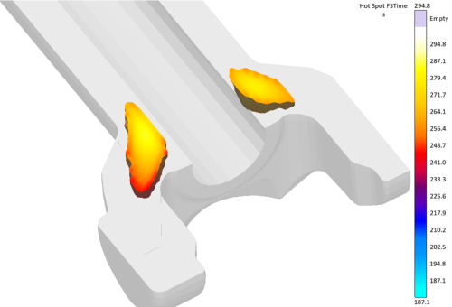 Fig. 2: The simulation of the real process revealed the formation of unwanted hot spots in critical areas of the part. 
